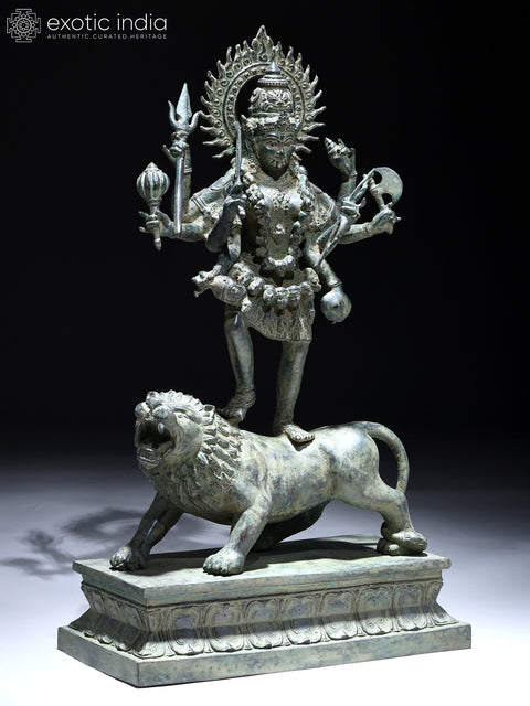 21" Eight Armed Goddess Mahakali Standing on Roaring Lion | Balinese Brass Statue | Made in India