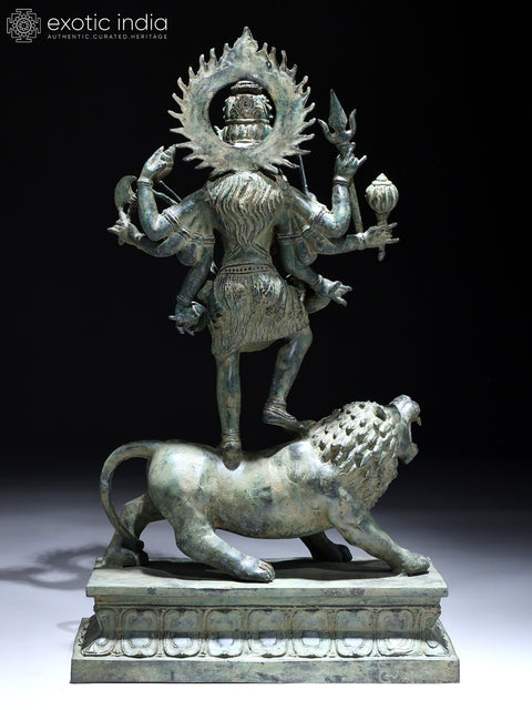21" Eight Armed Goddess Mahakali Standing on Roaring Lion | Balinese Brass Statue | Made in India