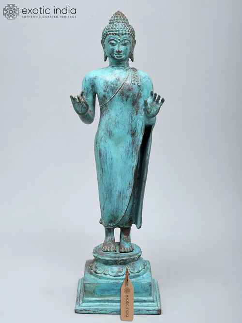 18" Turquoise Toned Standing Buddha Handmade Brass Statue