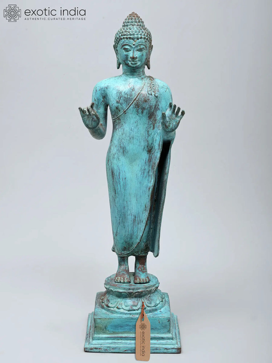 18" Turquoise Toned Standing Buddha Handmade Brass Statue