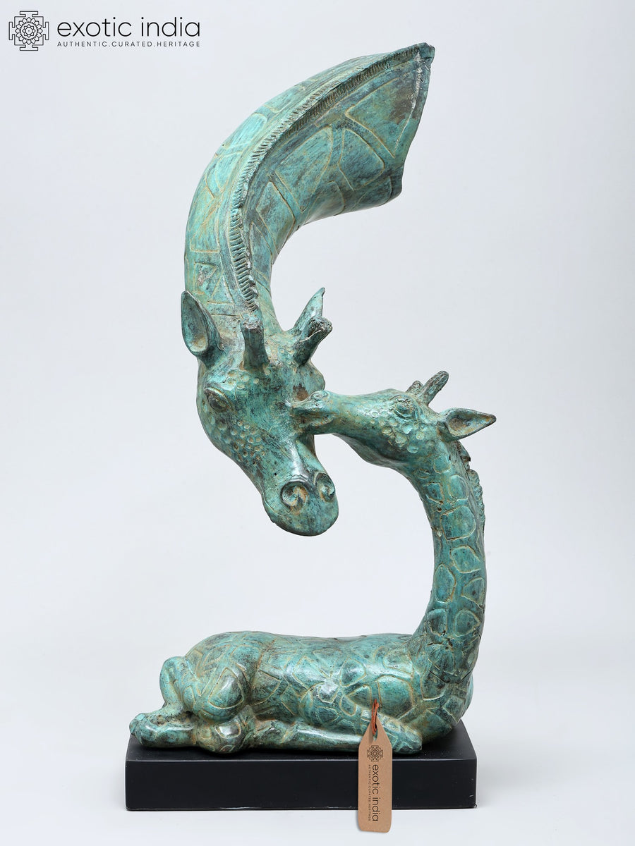 Brass Giraffe Mother and Child Statue on Wood Home Decor