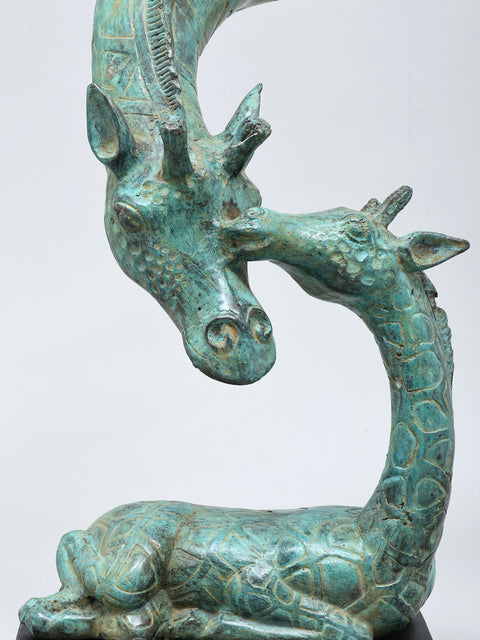 A Tale of Tenderness in Metal: Giraffe Mother and Child | Brass on Wood Home Decor
