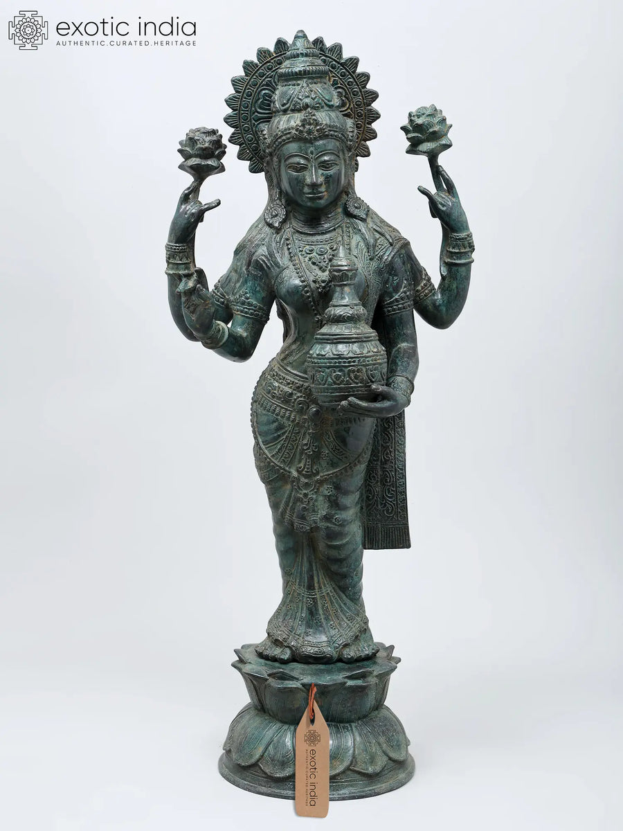 27" Standing Goddess Lakshmi with Wealth Pot Brass Statue