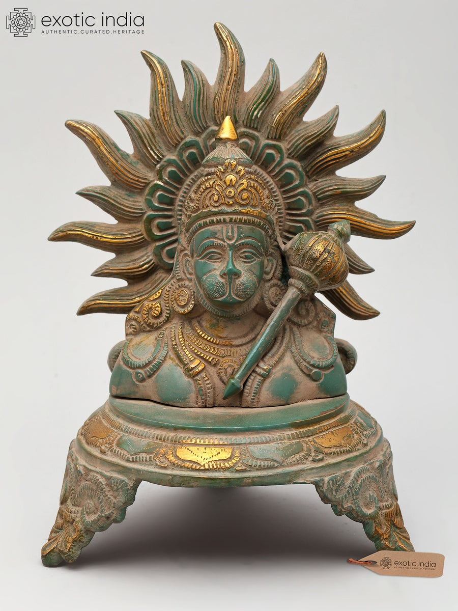 9" Lord Hanuman Brass Bust Statue with Mace and Pedestal