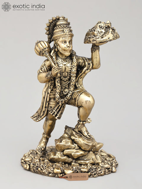6" Small Superfine Lord Hanuman Carrying Sanjivani | Brass Statue