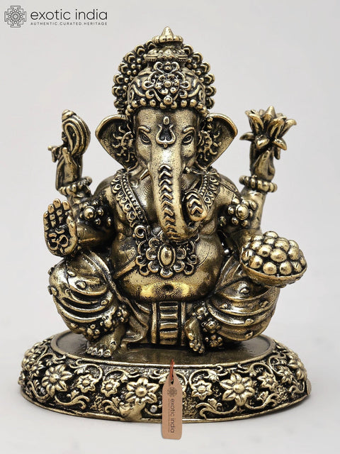 3" Small Superfine Four Armed Blessing Lord Ganesha | Brass Statue