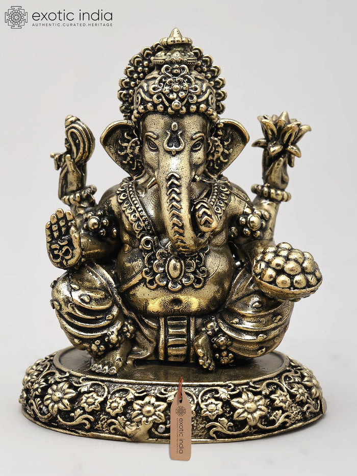 3" Small Four Armed Ganesha Brass Idol for Pooja