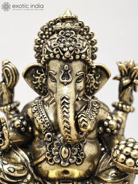 3" Small Superfine Four Armed Blessing Lord Ganesha | Brass Statue