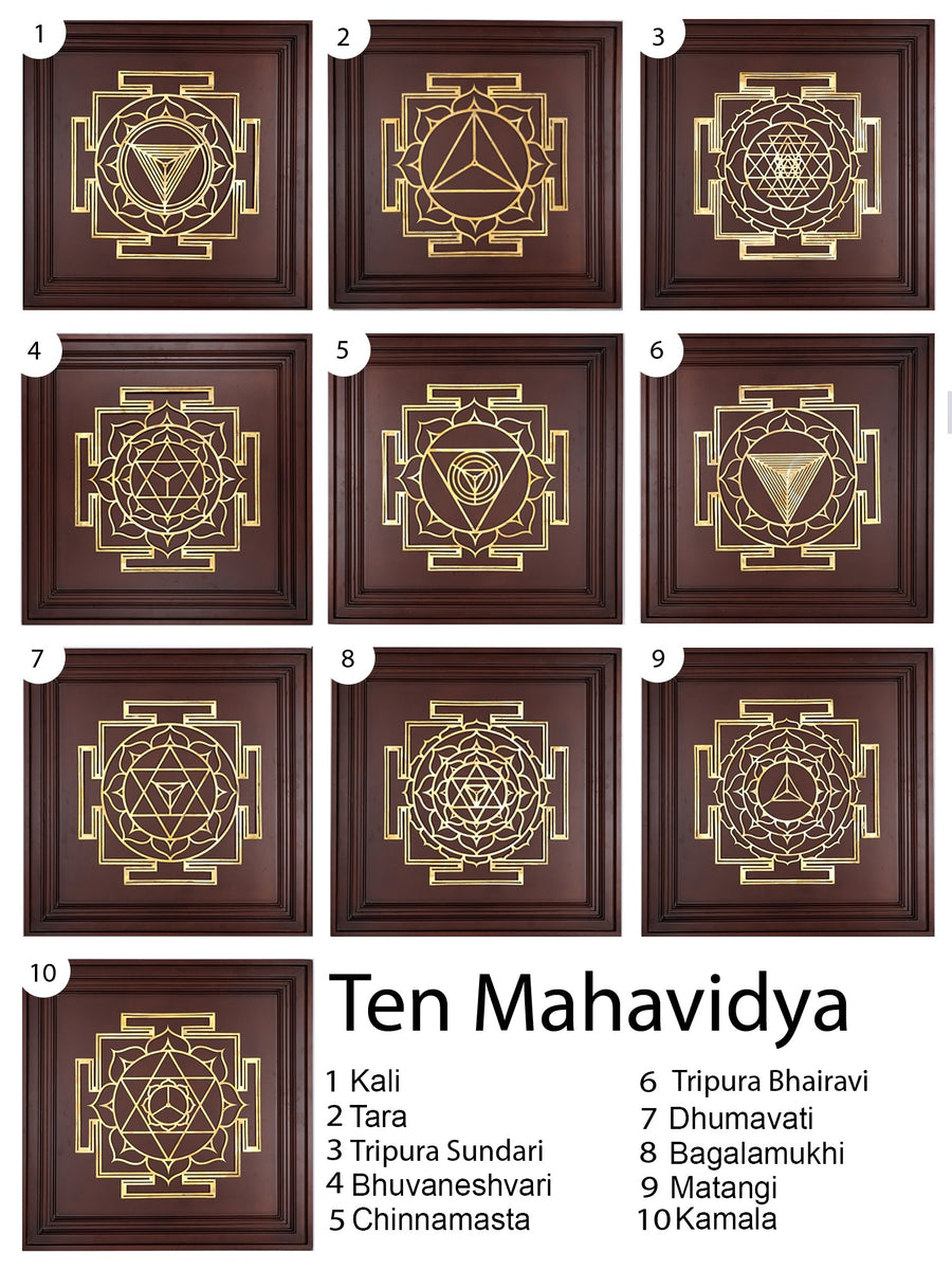 Ten Mahavidya Yantra Brass Set with Wood Frame Wall Hanging for Life Guidance