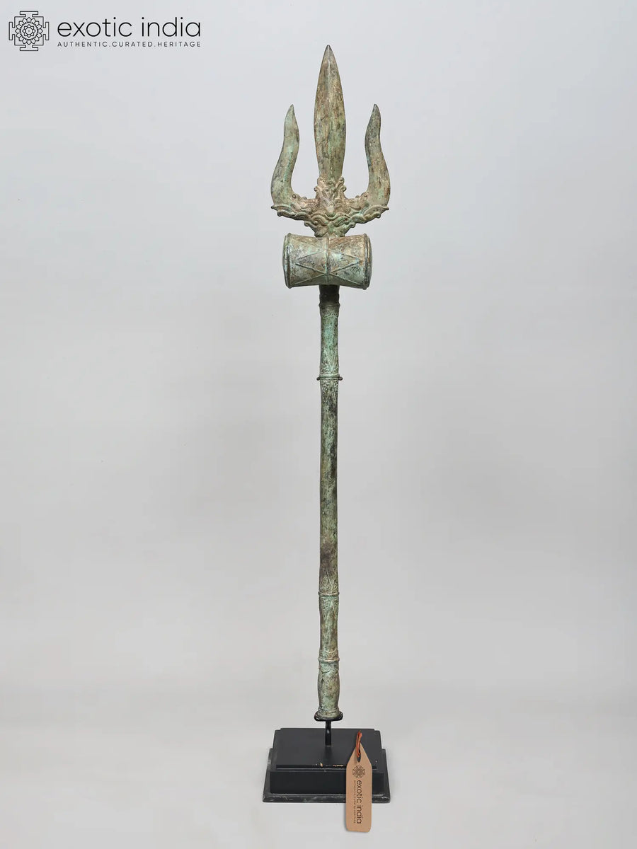 46" Large Brass Trident of Lord Shiva with Wood Base Statue
