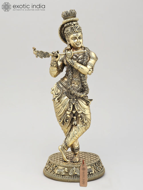 13" Standing Lord Krishna Playing Flute Handmade Brass Statue