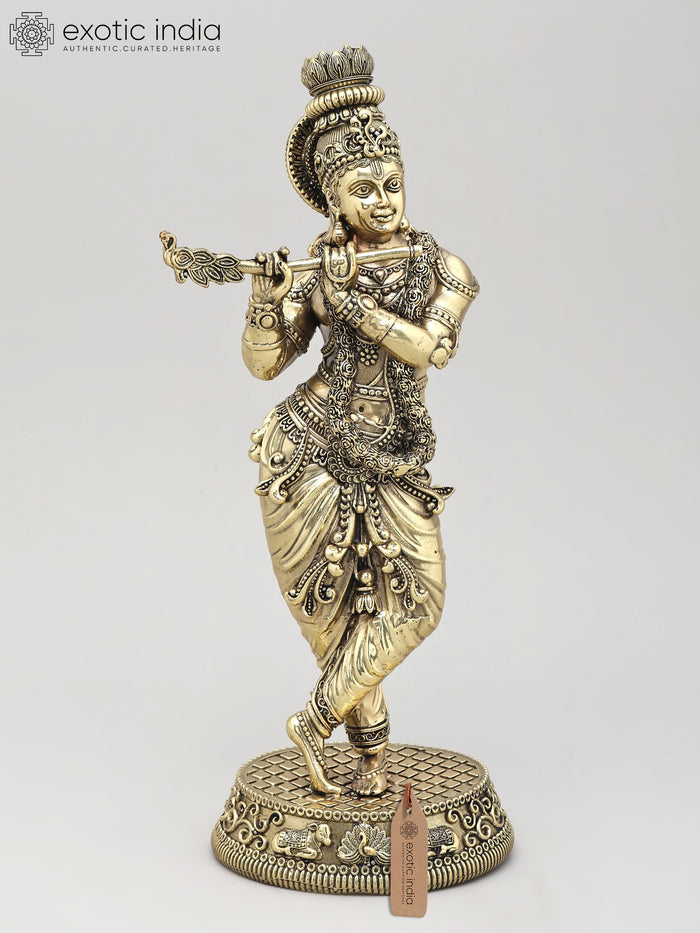 13" Standing Lord Krishna Playing Flute Handmade Brass Statue