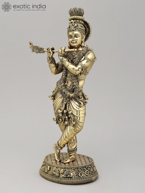 13" Superfine Standing Lord Krishna Playing Flute | Brass Statue