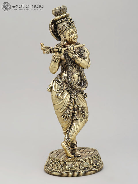13" Superfine Standing Lord Krishna Playing Flute | Brass Statue