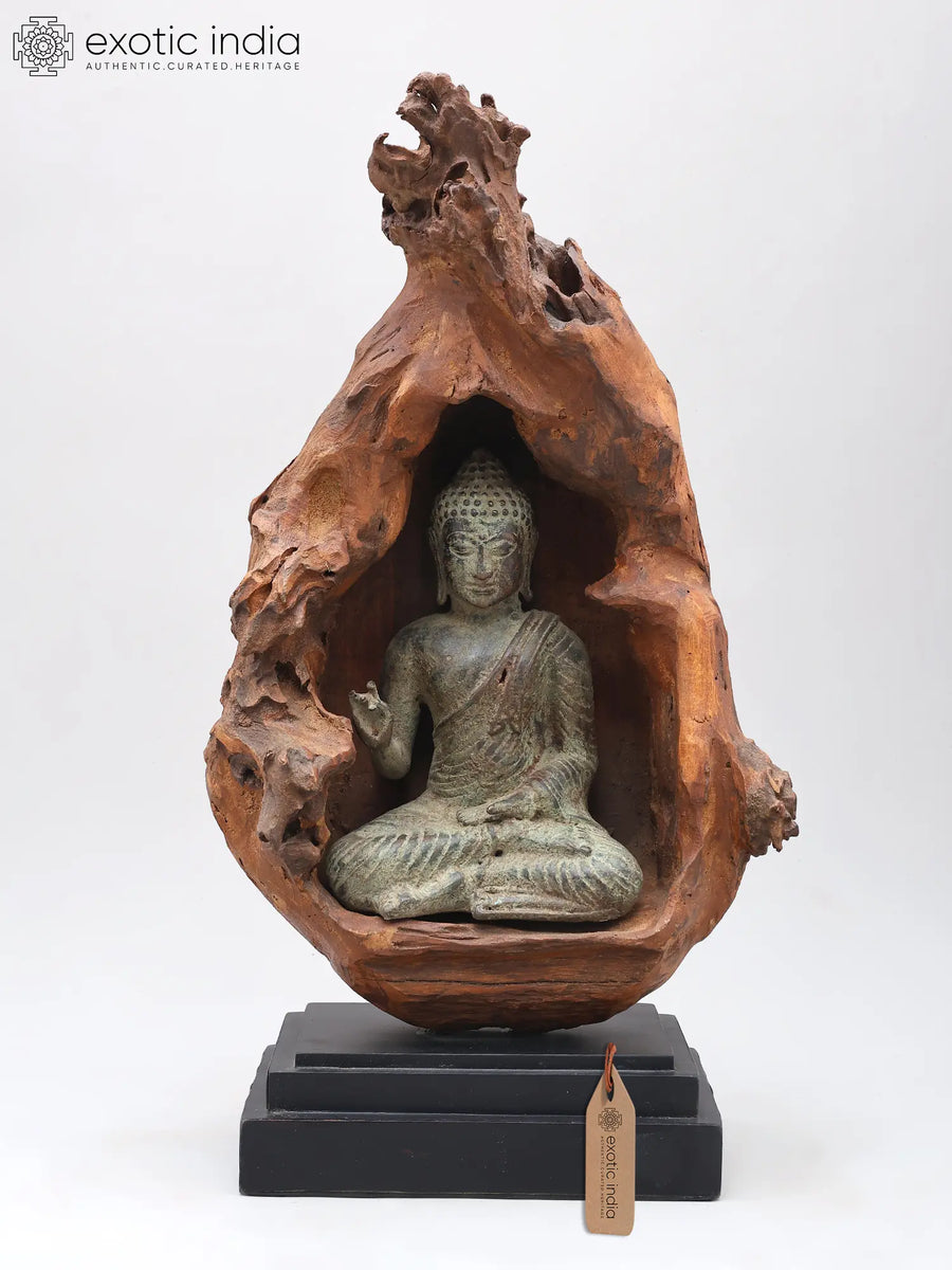 18" Lord Buddha Seated Brass Statue Wood Frame