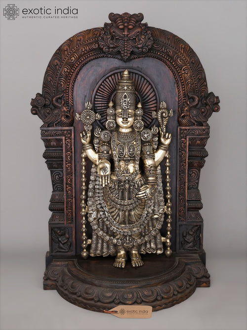 48" Superfine Brass Lord Tirupati Balaji Statue with Wood Carved Kirtimukha Throne
