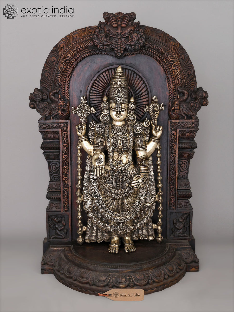 48" Superfine Brass Lord Tirupati Balaji Statue with Wood Carved Kirtimukha Throne