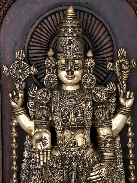 48" Large Superfine Brass Lord Tirupati Balaji (Venkateswara) with Wood Carved Kirtimukha Throne | Made in India
