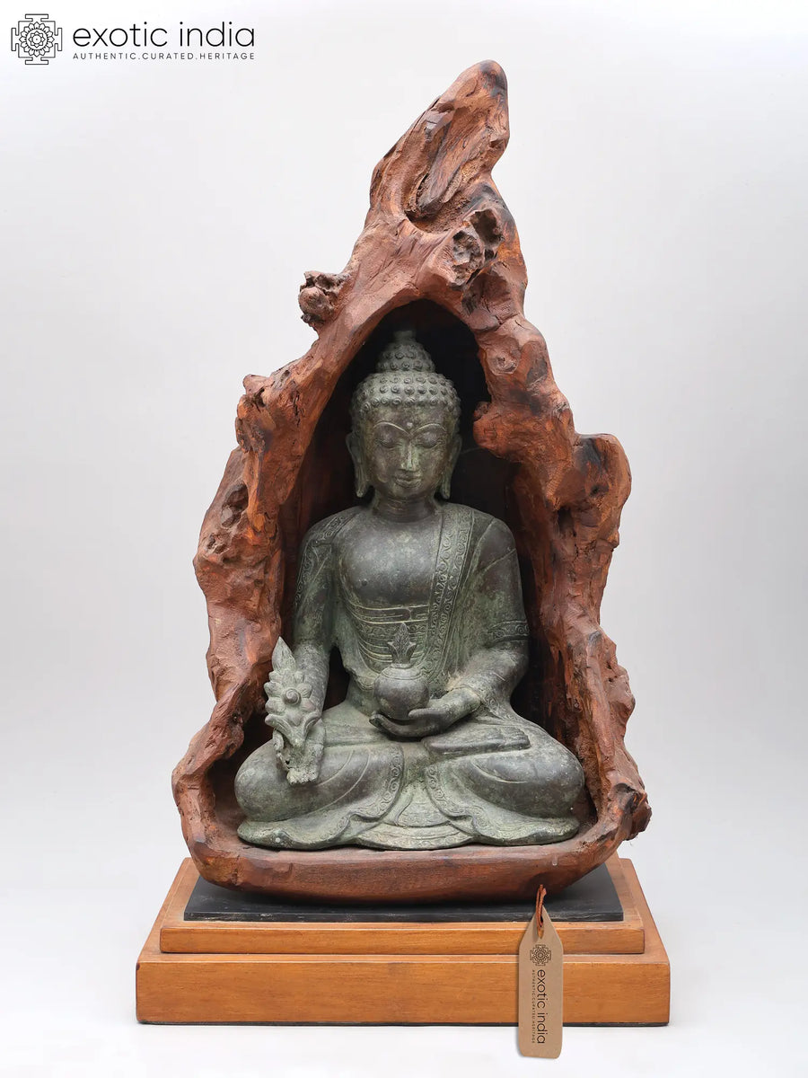 27" Brass Medicine Buddha Statue with Wooden Grotto Base