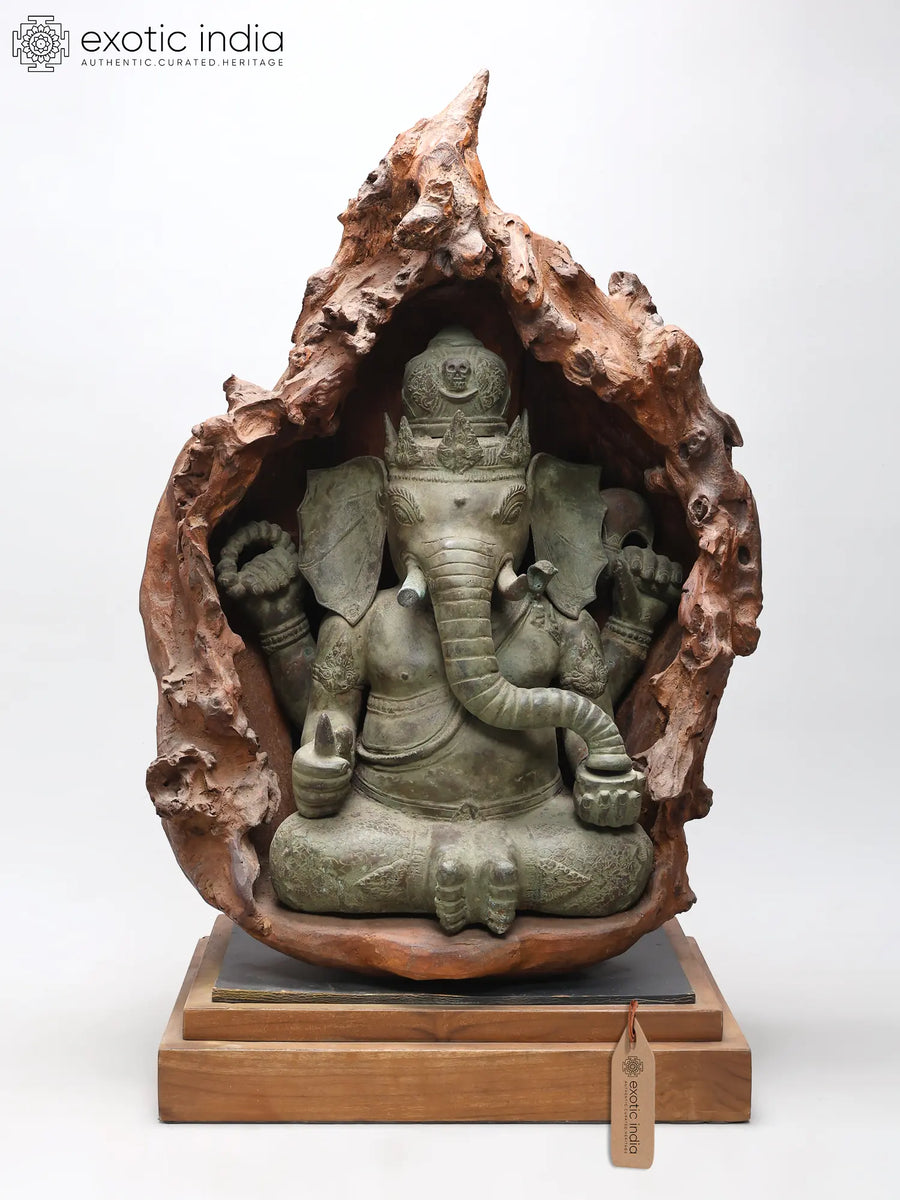 33" Four Armed Ganesha Wooden Idol Seated in Cave
