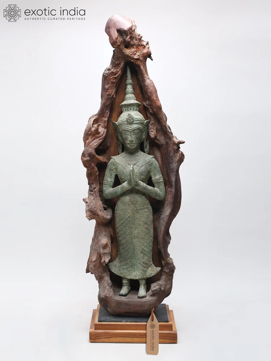 39" Standing Namaskar Buddha Wood Statue for Home Decor