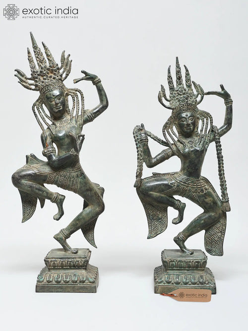 15" Cambodian Khmer Apsara Duo Brass Statue Traditional Temple Dancers