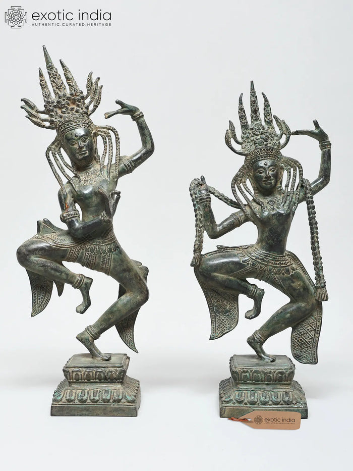 15" Cambodian Khmer Apsara Duo Brass Statue Traditional Temple Dancers