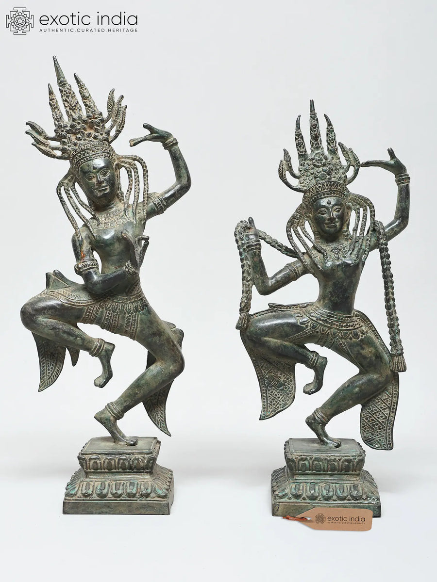 15" Cambodian Khmer Apsara Duo Brass Statue Traditional Temple Dancers