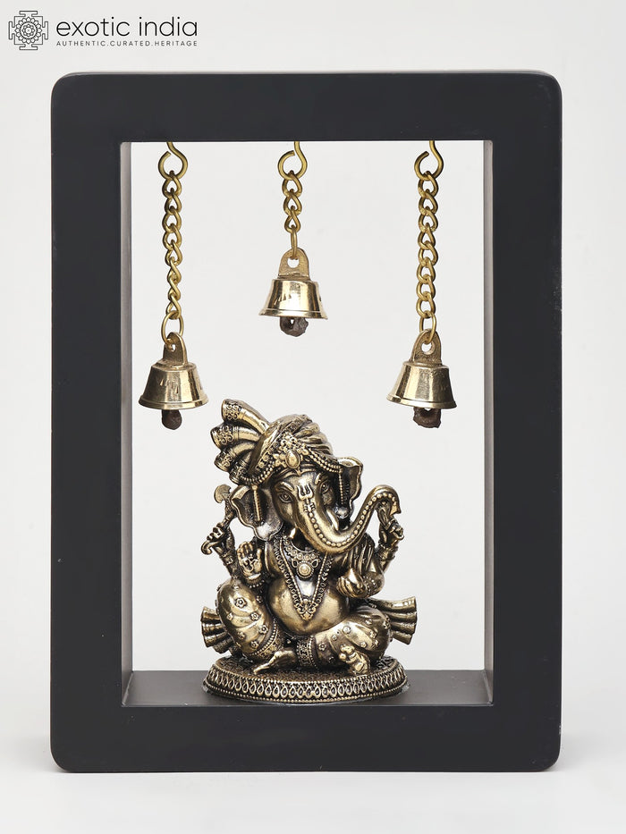 7" Brass Lord Ganesha Idol with Wood Frame Wall Hanging