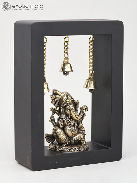 7" Wood Framed Superfine Lord Ganesha in Regal Attire | Brass Idol | Wall Hanging