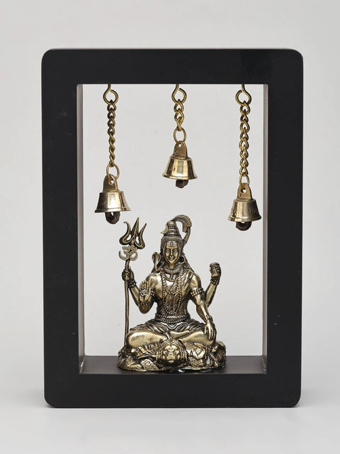 7" Lord Shiva Seated with Trident in Wood Frame | Brass Sculpture | Wall Hanging