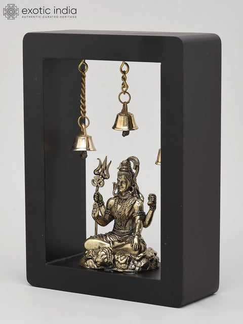 7" Lord Shiva Seated with Trident in Wood Frame | Brass Sculpture | Wall Hanging