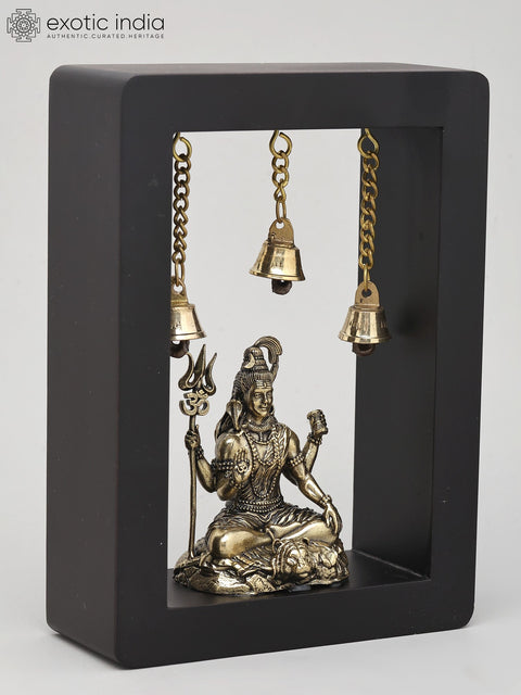 7" Lord Shiva Seated with Trident in Wood Frame | Brass Sculpture | Wall Hanging