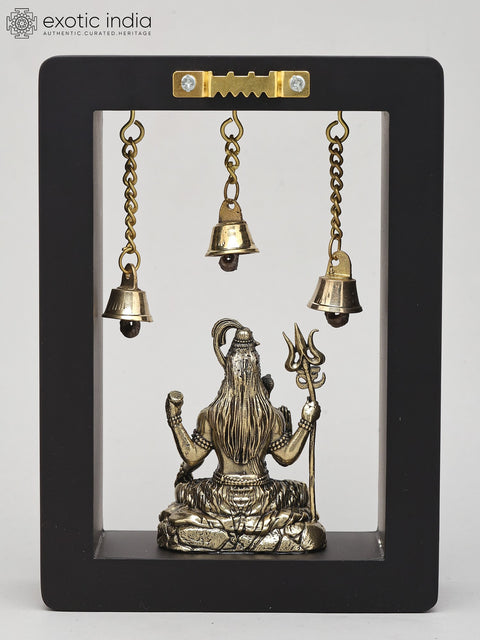 7" Lord Shiva Seated with Trident in Wood Frame | Brass Sculpture | Wall Hanging