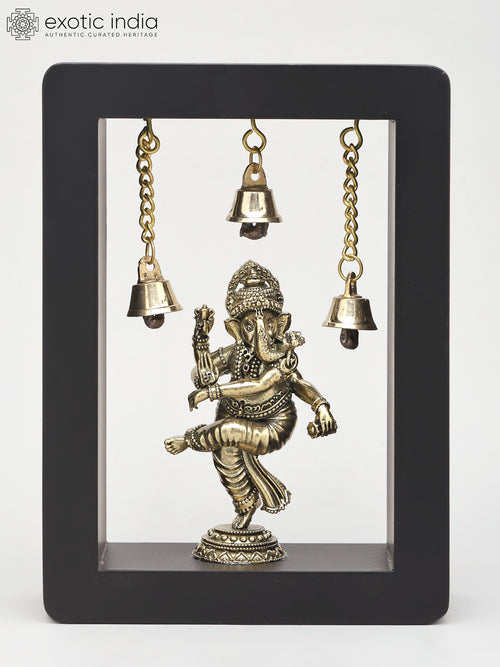 7" Dancing Ganesha Brass Idol Wall Hanging with Wood Frame