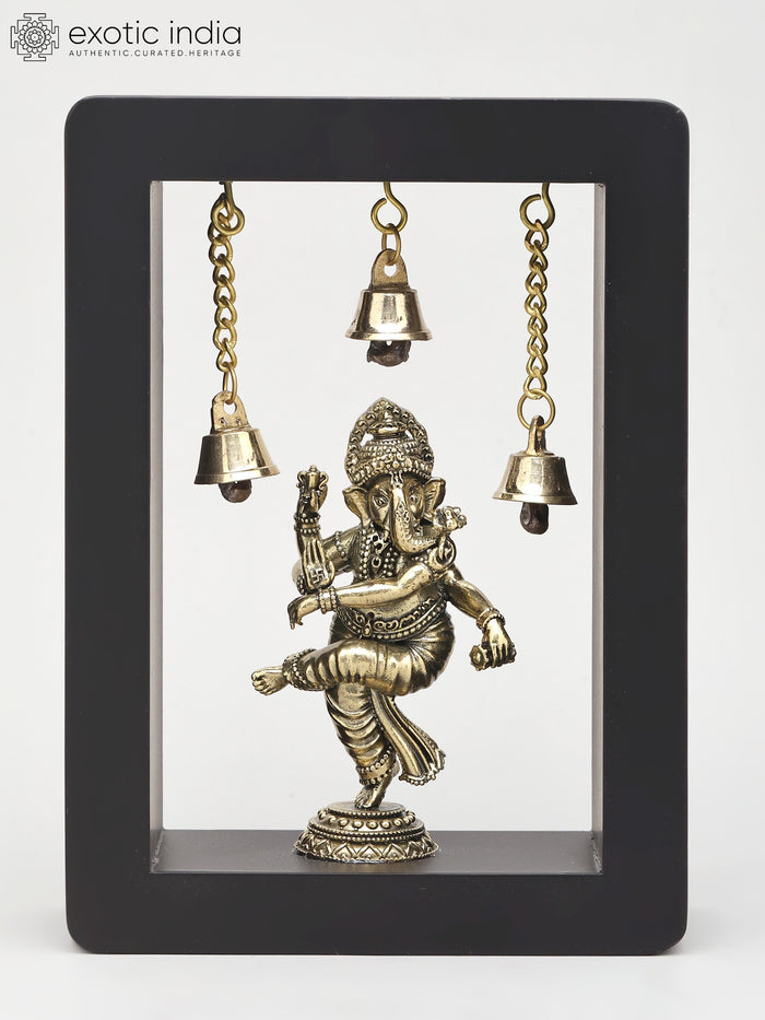7" Dancing Ganesha Brass Idol Wall Hanging with Wood Frame