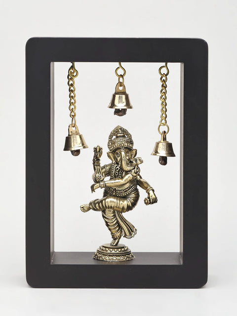 7" Dancing Ganesha in Wood Frame | Brass Idol | Wall Hanging