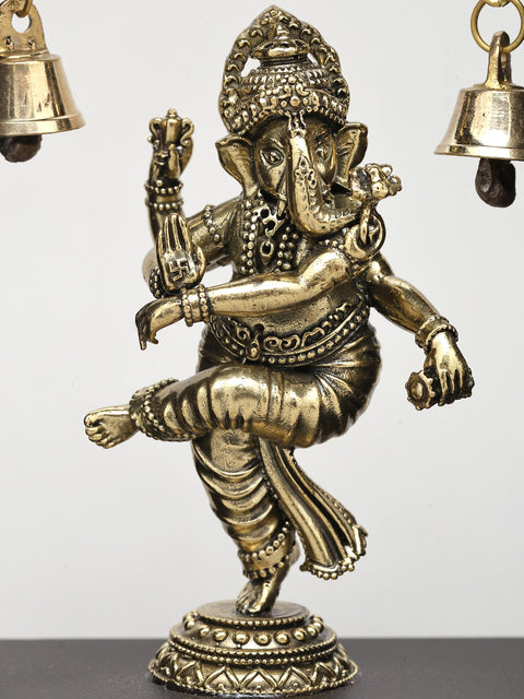 7" Dancing Ganesha in Wood Frame | Brass Idol | Wall Hanging