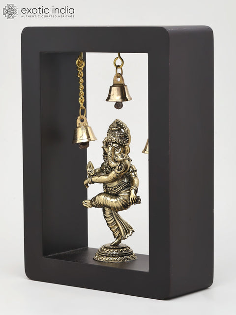7" Dancing Ganesha in Wood Frame | Brass Idol | Wall Hanging