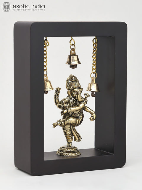 7" Dancing Ganesha in Wood Frame | Brass Idol | Wall Hanging