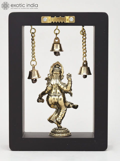 7" Dancing Ganesha in Wood Frame | Brass Idol | Wall Hanging