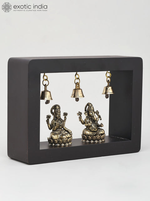 7" Goddess Lakshmi and Lord Ganesha in Wood Frame | Brass Sculpture | Wall Hanging