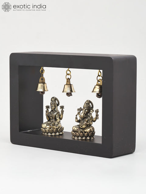7" Goddess Lakshmi and Lord Ganesha in Wood Frame | Brass Sculpture | Wall Hanging