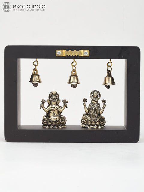 7" Goddess Lakshmi and Lord Ganesha in Wood Frame | Brass Sculpture | Wall Hanging