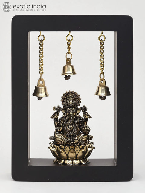 7" Lord Ganesha Seated on Lotus in Wood Frame | Brass Statue | Wall Hanging
