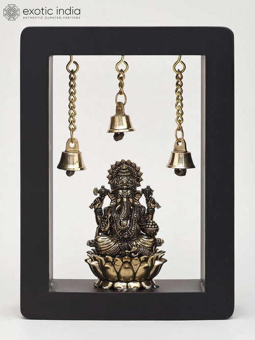 7" Lord Ganesha Seated on Lotus Brass Wall Hanging Statue