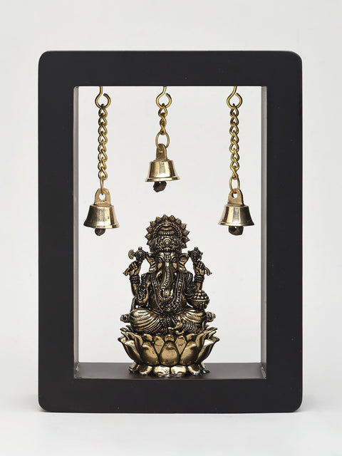 7" Lord Ganesha Seated on Lotus in Wood Frame | Brass Statue | Wall Hanging