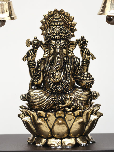 7" Lord Ganesha Seated on Lotus in Wood Frame | Brass Statue | Wall Hanging
