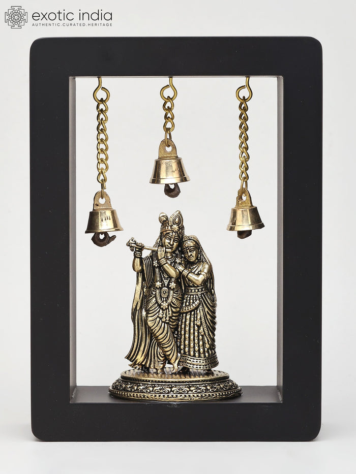 7" Radha Krishna Brass Idol Wall Hanging with Wood Frame
