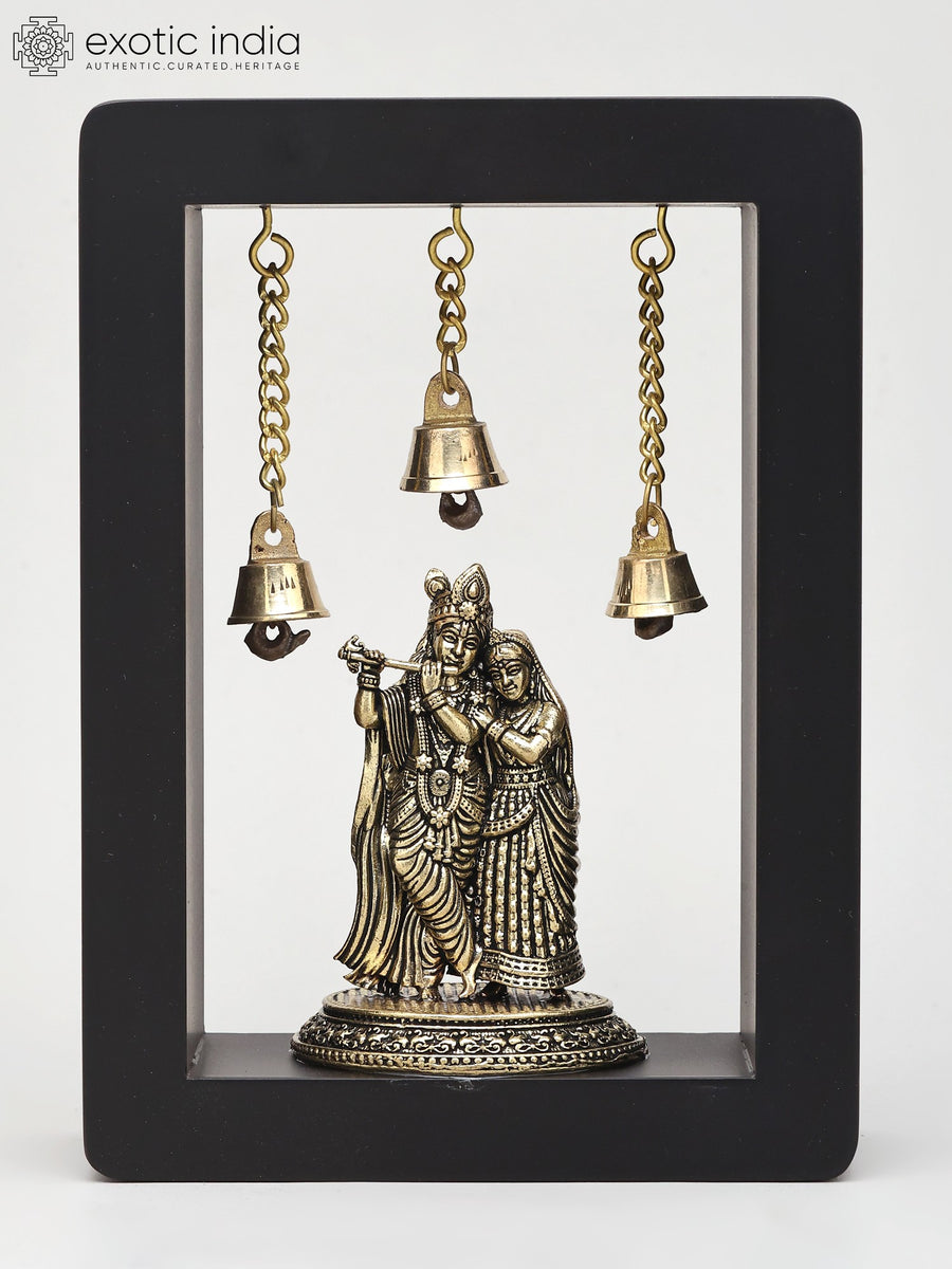 7" Radha Krishna Brass Idol Wall Hanging with Wood Frame